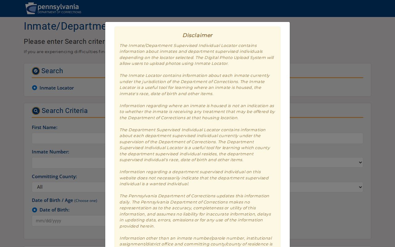 Pennsylvania Department of Corrections offender locator for state custody records