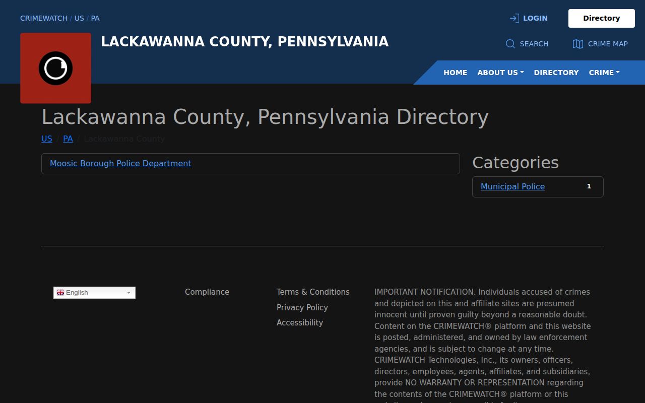 Lackawanna County CRIMEWATCH participating-agency directory and wanted-record coverage boundary