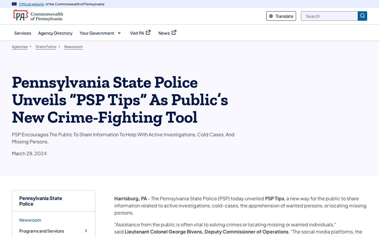 Pennsylvania State Police Tips notice for Lackawanna County wanted-information reporting
